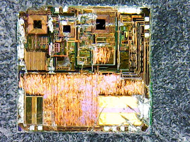 ワイヤレスマウスの無線子基板に載っていたチップの顕微鏡写真。