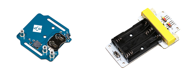 腕に付けて使うスピーカー付きの「バングルモジュール」（左）、サーボモーターやLEDテープなどを使うときに便利な「ワークショップモジュール」（右）。