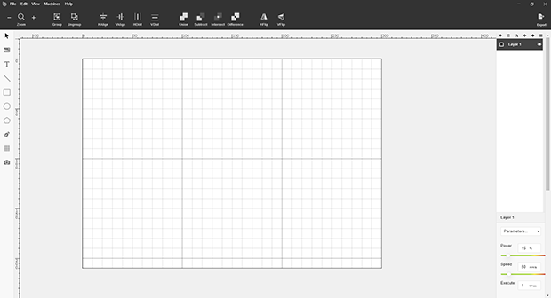 Beam Studioの画面。アンカーポイント付きの曲線ツールや図形の分割／統合／整列など一通りの描画／編集機能が使える。