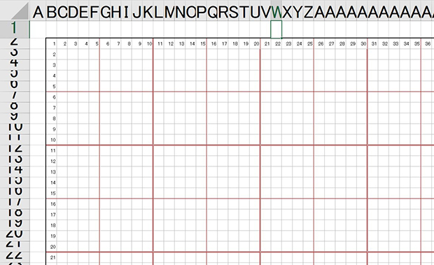 Excelで作った方眼です。作り方は、セルの縦幅と横幅の数値を合わせて無数の正方形のセルを作ります。次に罫線の色を灰色に指定し、各セルを区切ります。最後に罫線が解りやすいよう５本おきに赤線、10本おきに太い赤線、50本おきに太い青線に変更しています。