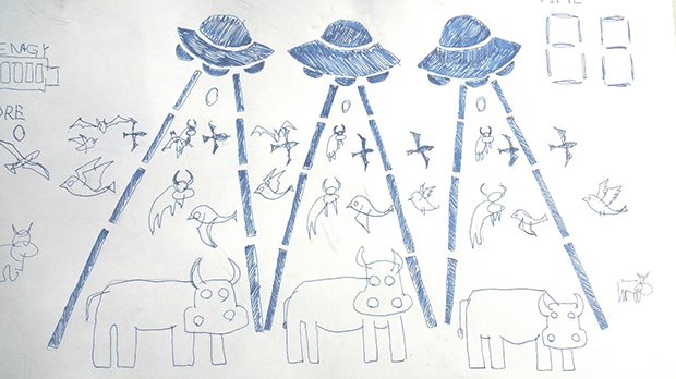 ゲームの画面をイメージして下絵を描きます。UFOが空からビームを出して牛を捕まえるイメージを描いてみました。