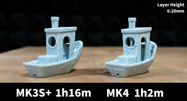 MK3S+とMK4で印刷した「3DBenchy」と印刷時間。