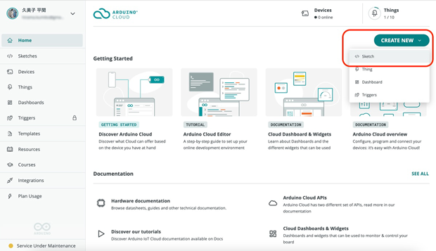 Arduino Web Editorにログイン後、「Create new」から「Sketch」を選択する。