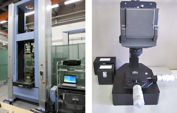 （左）金属材料や製品の引張、圧縮、曲げ強度を測定する万能試験機。（右）回路基板、電子部品等の表面温度を計測するサーモグラフィ。