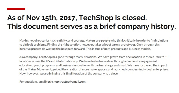 米TechShopのWebサイトに掲出された閉鎖のお知らせ文。（現在は閲覧不可能）