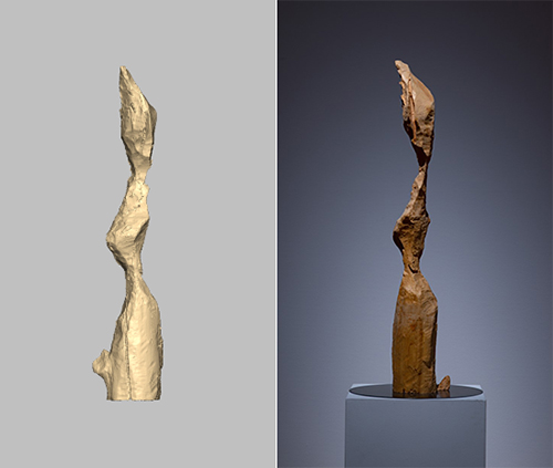 左＝ビーバーがかじった樹木の3Dスキャン画像。右＝左のデータを基に制作した「彫刻のつくりかた」の彫刻作品の1つ。 