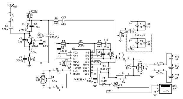 ラジコンカーの回路図。アナログの同調回路、検波回路が使われている。