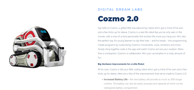 Digital Dream Labs版のVectorとCozmoはカメラやセンサー、バッテリーがアップデートされている。SDKによる拡張機能も引き継がれる。