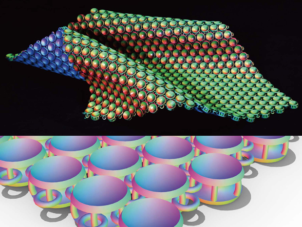 『iridescent furoshiki』では、3Dプリンターの特性を活かした鎖状の一体成形により、布のような振る舞いを実現。一つのユニットはパラボラアンテナのような表面構造を持ち、見る角度によって色が変わる（出力協力：ミマキエンジニアリング）。（写真提供：積彩）