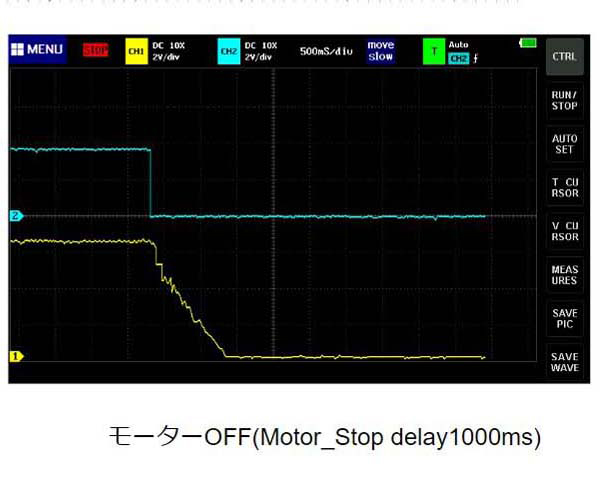 モーター停止タイミングのMotor_ONの信号とMotor両端の信号の波形。ズレが生じている。