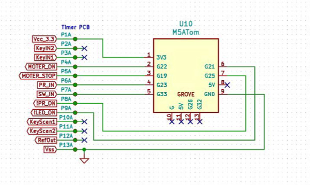 液晶表示基板のコントローラーをATOM Matrixに換えたときの回路図。