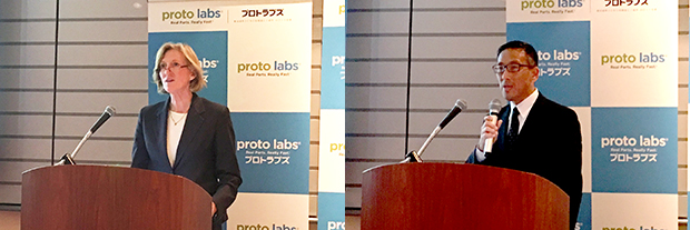 プロトラブズ社長のトーマス・パン氏（右）とProto Labs社長兼CEOのヴィクトリア・ホルト氏（左）