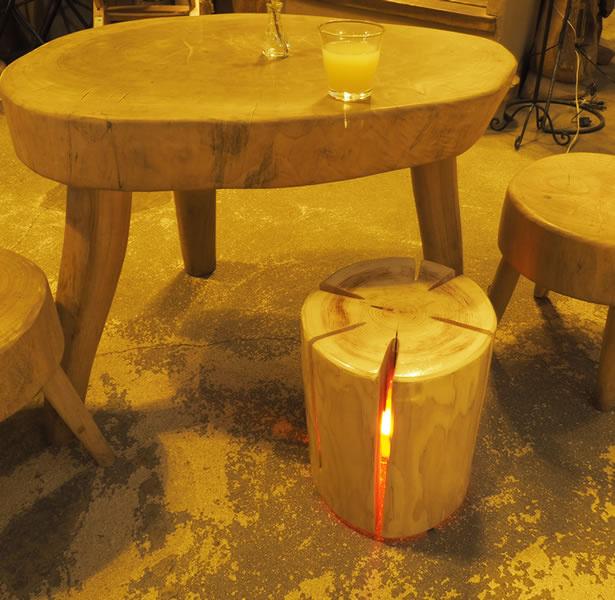 国産木材を使った丸太椅子 炎をイメージしたled照明付スツール スギ丸 ヒノキ丸 Fabcross