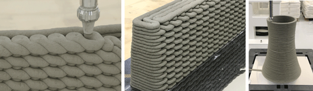 （写真左）モルタルによる積層過程、（中）3Dプリンターならではの織柄デザイン、（右）中空形状