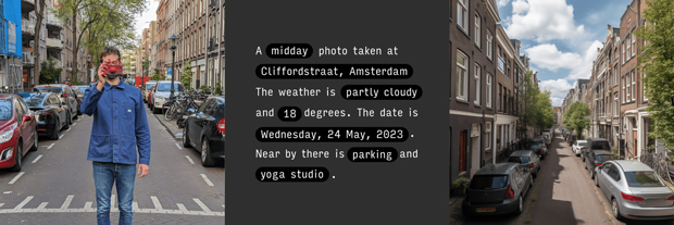 この画像の命令文は「Cliffordstraat,Amsterdamで撮影した真昼の写真。天気は一部曇り、気温18度。日付は2023年5月24日（水）。近くには、駐車場とヨガスタジオがある」
