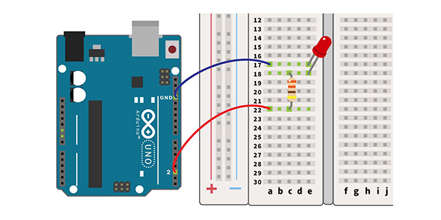 Lチカのために電子部品をブレッドボードに配置し、Arduino Unoにつなげたときの実体配線図。回路をより実体に近い形で捉えるための図です。