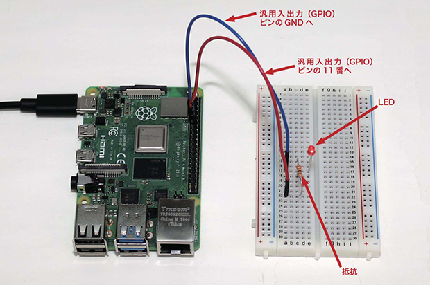 プログラム済みのRaspberry Piをブレッドボードと接続すると、LEDが点滅します。