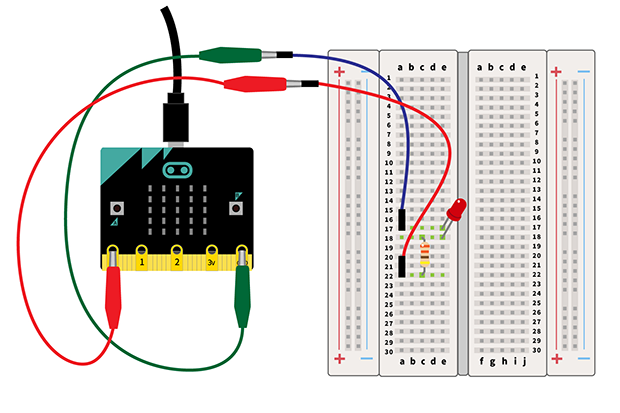 L チカのために電子部品をブレッドボードに配置し、micro:bit につなげたときの実体配線図。回路をより実体に近い形で捉えるための図です。