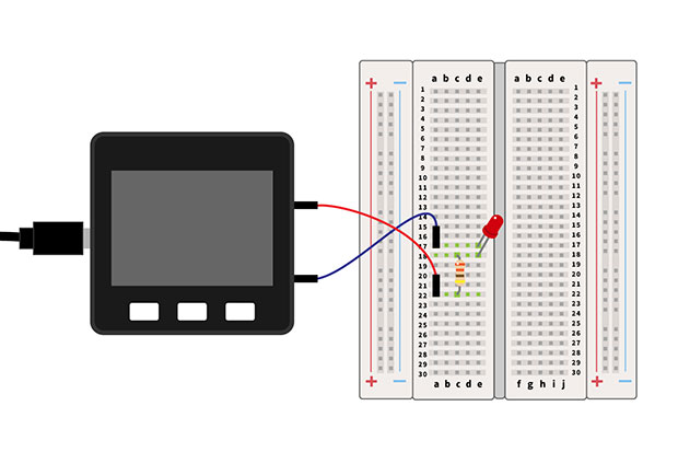 Lチカのために電子部品をブレッドボードに配置し、M5Stackにつなげた時の実体配線図。回路をより実体に近い形でとらえるための図です。