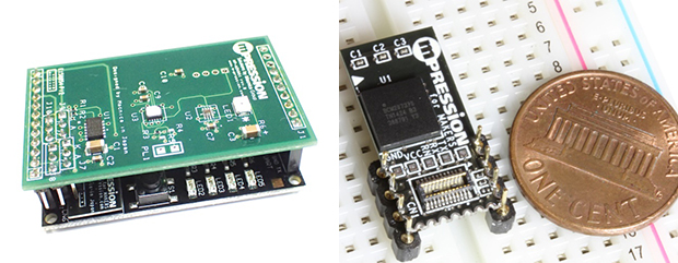 マクニカがユカイ工学と共同で開発したプロトタイピングキット。左の「Uzuki」は、3軸加速度センサ、温湿度センサ、近接照度UV指数センサを搭載したセンサシールド。右の「Koshian」は、Broadcomの「WICED SMART SIP BCM20737S」を実装したBluetooth SMARTモジュール。（写真提供：マクニカ）