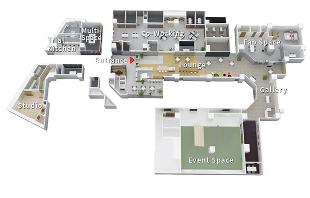 FUSEの全体図CG。イベントスペースや個別の会議室に加え、飲食店レベルのグレードのキッチンや、ダンススタジオのような広い空間も利用できる。（提供：FUSE）