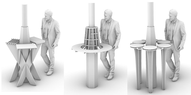 左から「三脚型」「傘型」「増殖型」と名付けられた案の3Dモデル（提供：東京大学大学院 都市デザイン研究室）