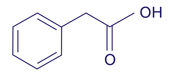 高校の化学で習ったかも。というレベルのかなりシンプルな構造。左側の六角形がベンゼン環。その右側が「酢酸」などに含まれるカルボニル基。
