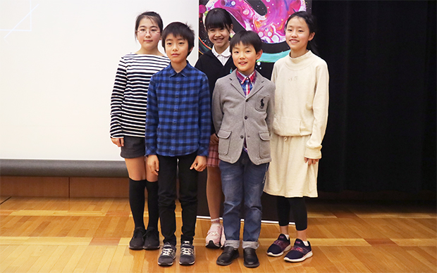 Kids Creator’s Studioに参加した5人の小学生。（左から）菅野 晄（ひかり）さん、曽田 柑（かん）くん、斉藤みりさん、吉田たくとくん、高橋 温（おん）さん。